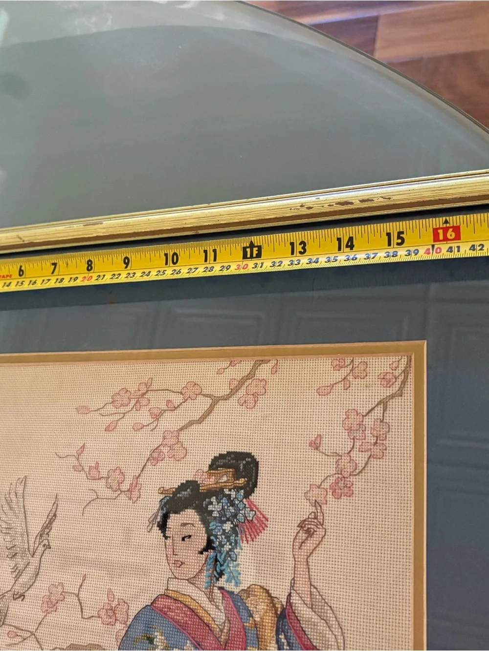 Vintage needlepoint, Japanese geisha, framed Asian art